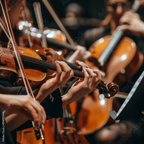 Orchestra, hands in close-up, symphony concept, expansive orchestral arrangements, musicians immersed in passion, playing in an orchestral performance bathed in golden light.