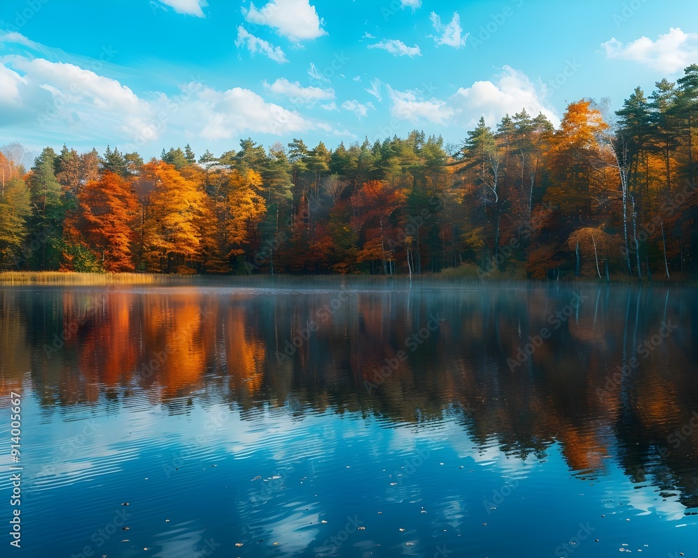 Obraz premium Vibrant Autumn Lake Reflection Landscape with Colorful Foliage