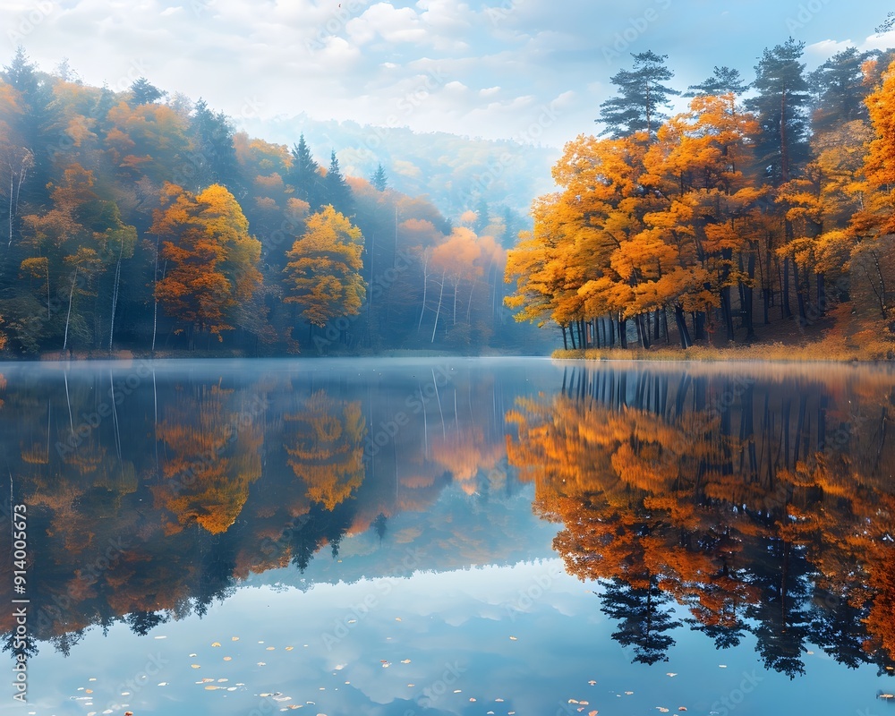 Naklejka premium Tranquil Autumn Lake with Vibrant Reflected Trees and Calm Waters