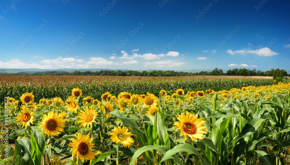 an image of a picturesque landscape combining corn and sunflower fields, with bright yellow blooms and green stalks stretching under a vast blue sky. an image of a picturesque landscape combining corn and sunflower fields, with bright yellow blooms and green stalks stretching under a vast blue sky.
