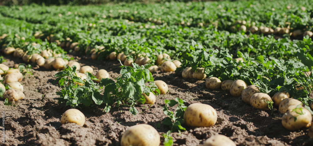 Potato Harvesting in Late Summer on a Farm Field Surrounded by Lush Green Vegetation Potato Harvesting in Late Summer on a Farm Field Surrounded by Lush Green Vegetation