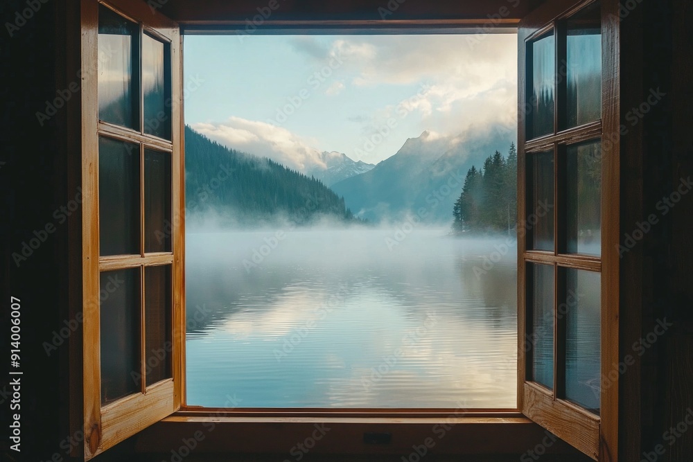 Fototapeta premium A window in a serene lakeside cabin, capturing a misty morning view with calm waters and distant mountains.