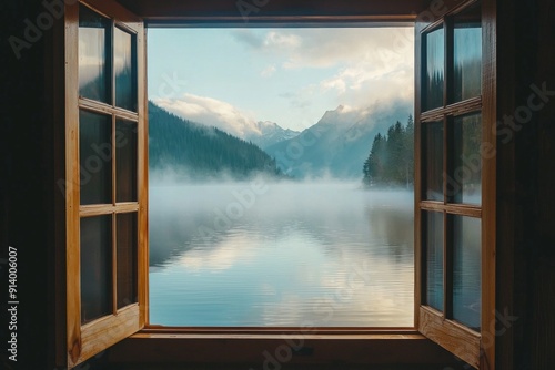 A window in a serene lakeside cabin, capturing a misty morning view with calm waters and distant mountains. photo