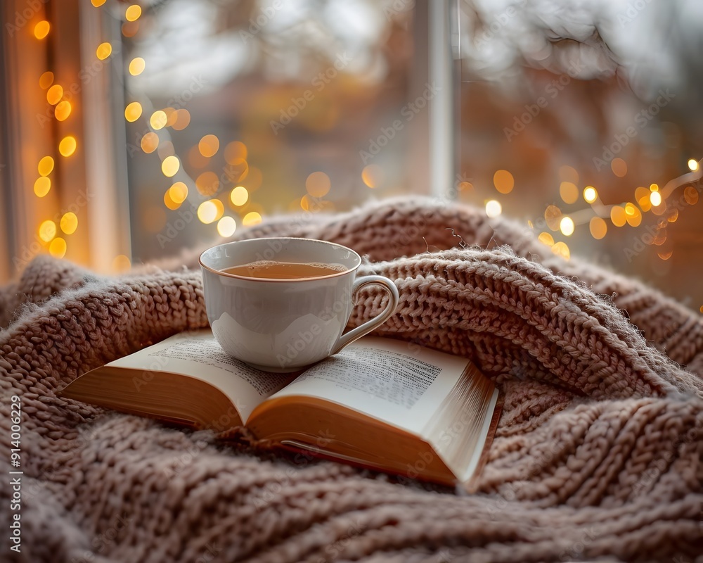 Cozy Autumn Evening with a Warm Cup of Tea Knit Blanket and a Good Book