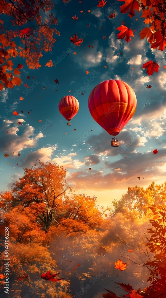 Fototapeta premium Whimsical Hot Air Balloons Soar Over Vibrant Autumn Landscape