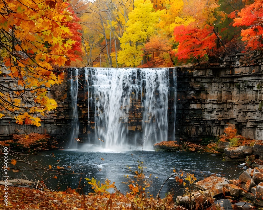 Fototapeta premium Breathtaking Waterfall Surrounded by Vibrant Autumn Foliage in Serene Wilderness Landscape