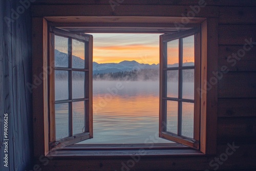 A window in a serene lakeside cabin, capturing a misty morning view with calm waters and distant mountains. photo