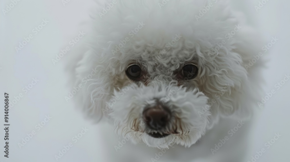 Curious bichon frise dog with adorable brown eyes and fluffy white coat gazing upwards against a clean white background Curious bichon frise dog with adorable brown eyes and fluffy white coat gazing upwards against a clean white background
