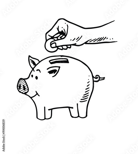 put coins in the pig's piggy bank doodle style vector illustration