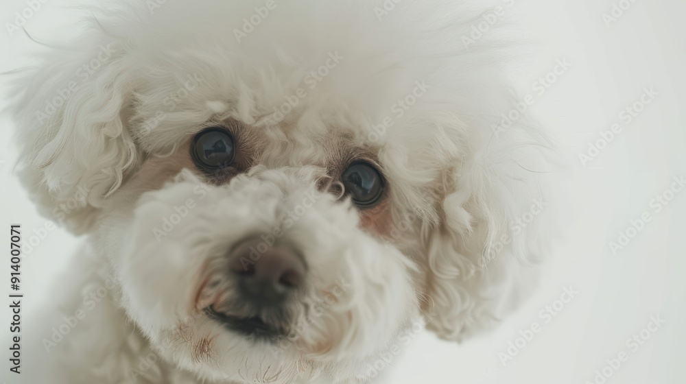 Small white poodle dog tilts its head curiously, looking adorable and happy against a clean white background Small white poodle dog tilts its head curiously, looking adorable and happy against a clean white background