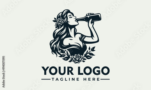 Vector logo woman with long hair drinking from a bottle. Woman with long hair drinking from a bottle. Suitable for wellness or beauty blog posts, hydration advertisements, or healthrelated promotional