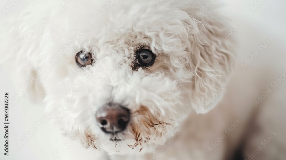 Charming white poodle dog with shiny black eyes, exuding curiosity and tenderness, radiates companionship and love Charming white poodle dog with shiny black eyes, exuding curiosity and tenderness, radiates companionship and love