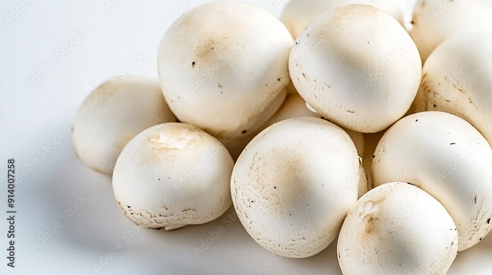Fresh White Mushrooms Piled Together on a Light Surface Fresh White Mushrooms Piled Together on a Light Surface