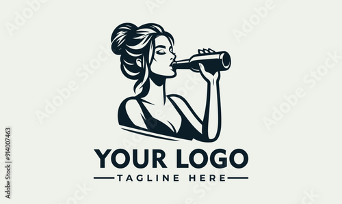 Vector logo woman with long hair drinking from a bottle. Woman with long hair drinking from a bottle. Suitable for wellness or beauty blog posts, hydration advertisements, or healthrelated promotional