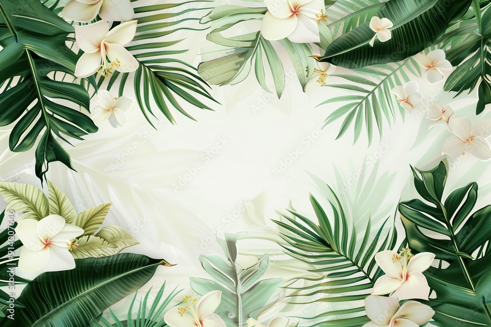 Elegant intertwining green palm leaves and delicate white flowers in lush tropical setting Elegant intertwining green palm leaves and delicate white flowers in lush tropical setting