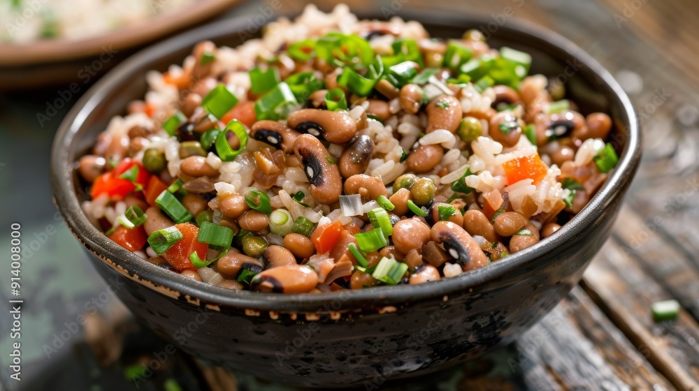 Delicious black-eyed pea salad mixed with green onions and peppers, perfect for healthy meals and vegetarian options. Delicious black-eyed pea salad mixed with green onions and peppers, perfect for healthy meals and vegetarian options.
