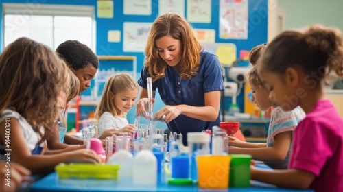 A classroom filled with elementary school children engaged in a hands-on science experiment. The teacher is guiding them, and the students are eagerly participating, using various materials and