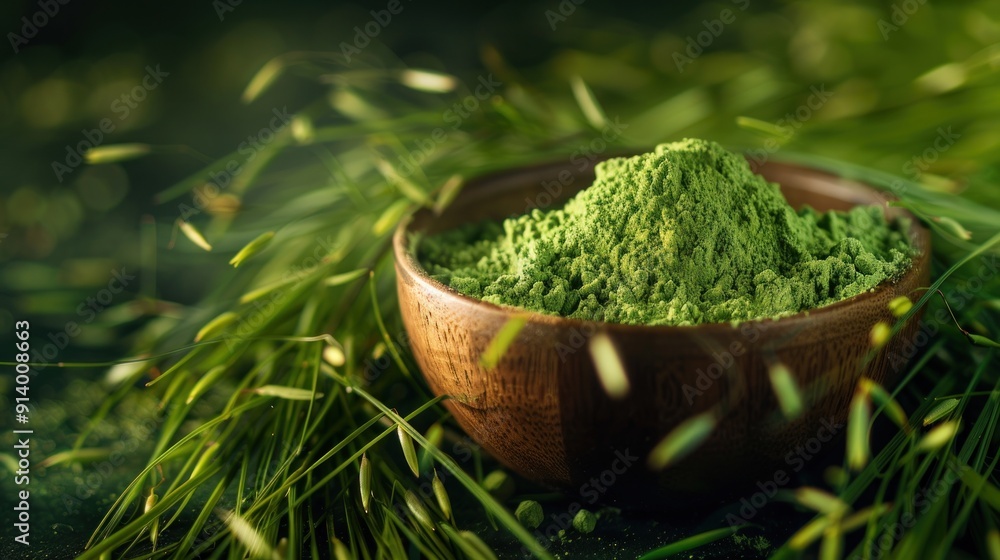 Green Powder in Wooden Bowl Green Powder in Wooden Bowl
