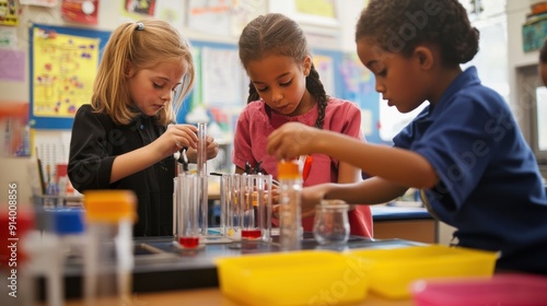 A classroom where elementary school children are engaged in a hands-on science experiment. The teacher is guiding them, and the students are eagerly participating, using various materials and tools.