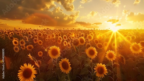 A vibrant sunflower field under a dramatic sunset sky.