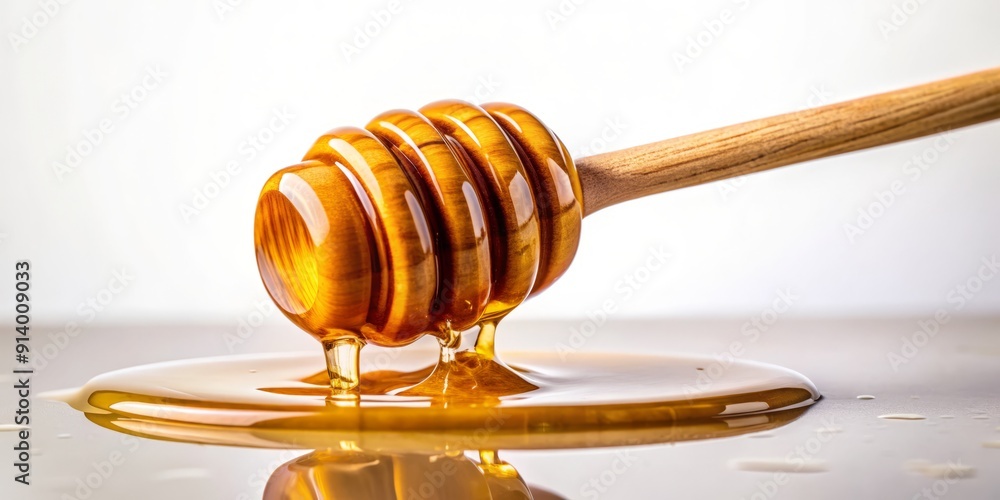 Golden fresh honey drips slowly from a rustic wooden dipper, suspended above a crisp white background, showcasing nature's sweetest treasure in all its glory. Golden fresh honey drips slowly from a rustic wooden dipper, suspended above a crisp white background, showcasing nature's sweetest treasure in all its glory.