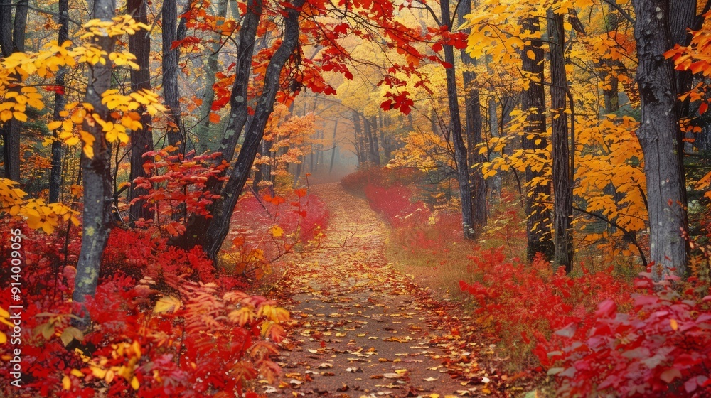Fototapeta premium Fiery red and yellow leaves envelop a secluded New England trail creating a breathtaking fall color panorama