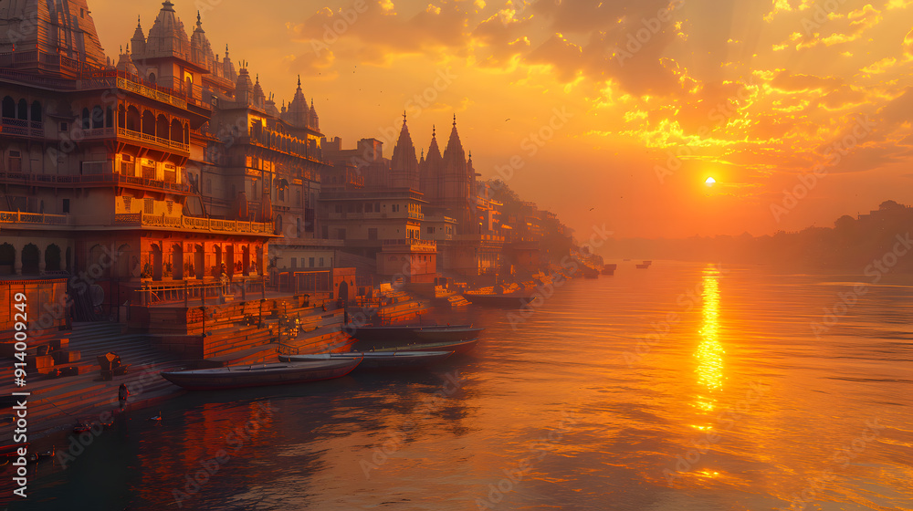 Naklejka premium Varanasi city with ancient architecture. View of the holy Manikarnika ghat at Varanasi India at sunset