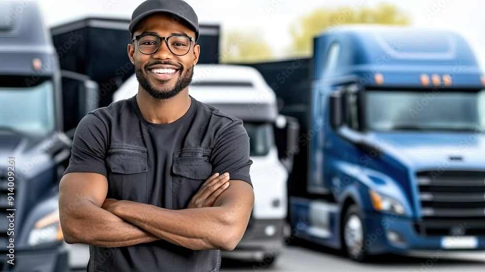 Confident Truck Driver Posing in Front of Fleet of Trucks in Urban Setting Confident Truck Driver Posing in Front of Fleet of Trucks in Urban Setting
