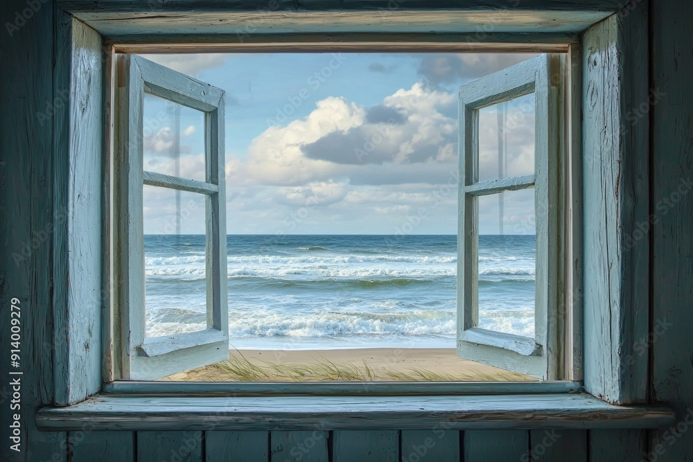Obraz premium A window in a small coastal cottage, overlooking a serene beach with gentle waves.