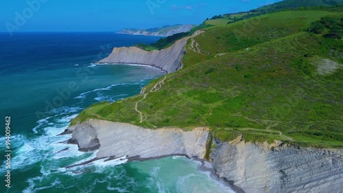 Flysch between Punta Mendata and Sakoneta beach at low tide. Aerial view from a drone on the Cantabrian Coast in Deva. Cantabrian Sea. Gipuzkoa Province. Basque Country. Spain. Europe photo