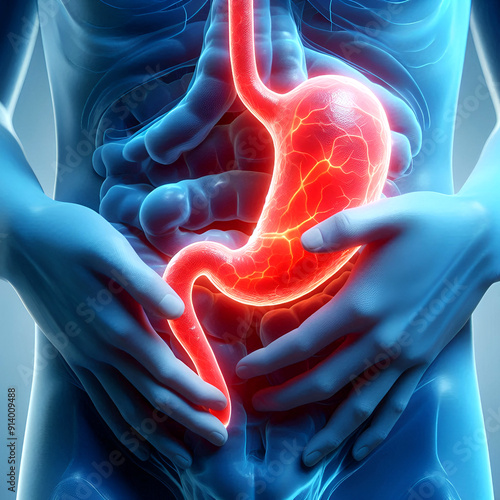 Inflamed Stomach Illustration Blue and Red Color Depiction with Pain Indicators photo