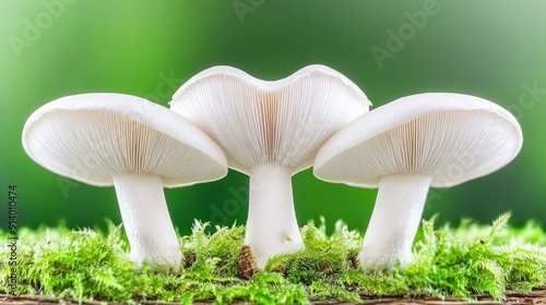 Three White Mushrooms Growing on Green Moss in a Forest Setting