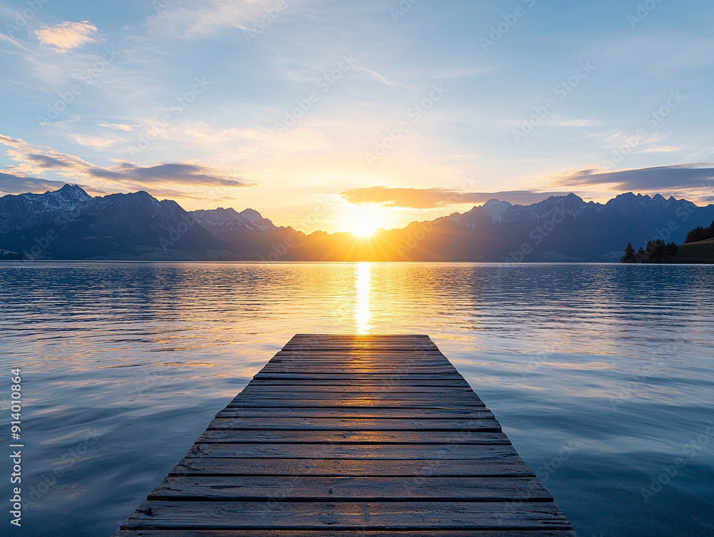 Serene Sunset Over Lake, golden hues reflect on calm waters, a wooden pier leading to majestic mountains under a vibrant sky at dusk. Serene Sunset Over Lake, golden hues reflect on calm waters, a wooden pier leading to majestic mountains under a vibrant sky at dusk.