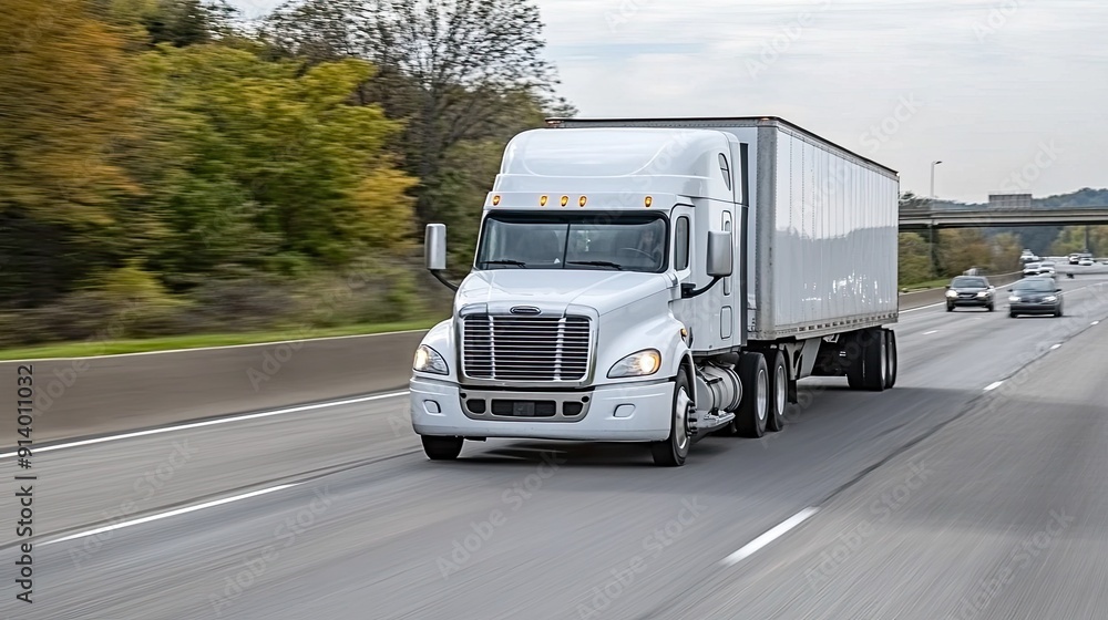 White Freight Truck Transporting Cargo Along Highway in Autumn White Freight Truck Transporting Cargo Along Highway in Autumn