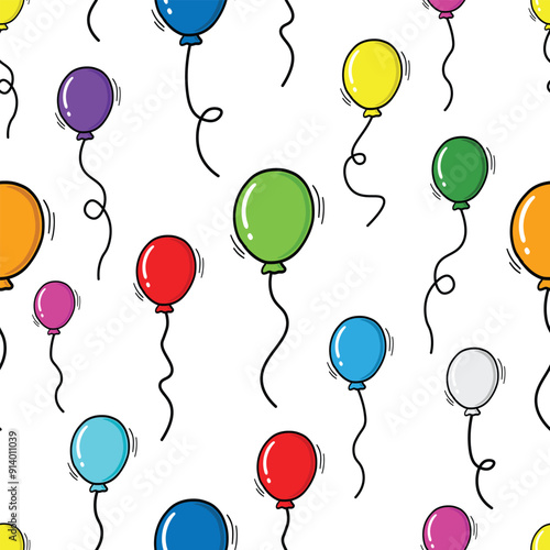 Hand Drawn Doodle Style Colorful Balloons Seamless Pattern Isolated on White Background. Vintage Style Party or Birthday Balloons Illustrations Set. Hand drawn balloons doodle icon design elements.