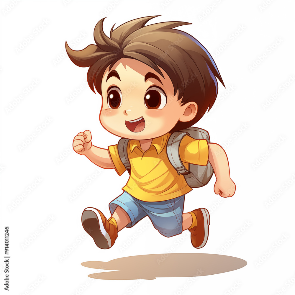 a cartoon boy with a backpack running to school in front of white background a cartoon boy with a backpack running to school in front of white background