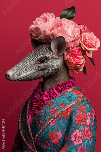 A photo of an armadillo wearing a colorful floral patterned haute couture outfit 