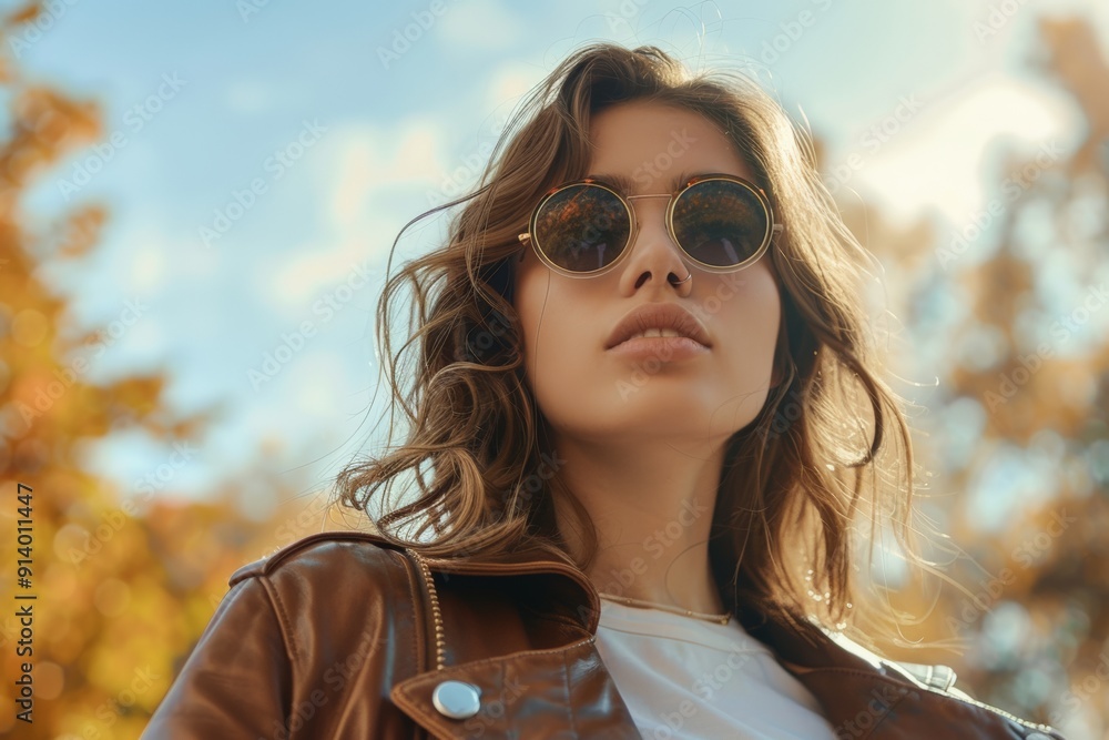 Woman in sunglasses looking up, surrounded by autumn leaves, creating a warm and stylish fall portrait. Woman in sunglasses looking up, surrounded by autumn leaves, creating a warm and stylish fall portrait.