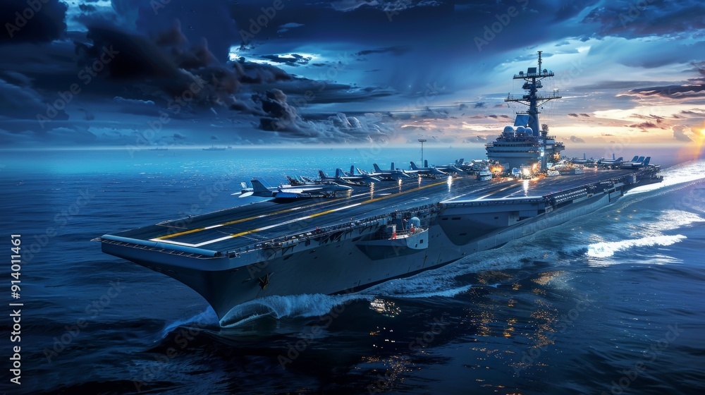 An aircraft carrier sails through deep blue ocean, surrounded by stormy skies and military jets ready for action on deck. Evokes a sense of purpose and readiness for potential conflict. An aircraft carrier sails through deep blue ocean, surrounded by stormy skies and military jets ready for action on deck. Evokes a sense of purpose and readiness for potential conflict.
