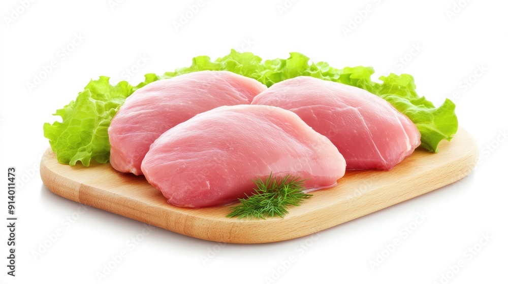 Fresh Pork Chops Arranged on a Wooden Cutting Board With Greens Fresh Pork Chops Arranged on a Wooden Cutting Board With Greens