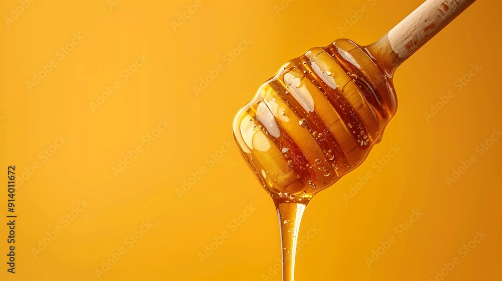 Honey dipper with dripping honey on yellow background Honey dipper with dripping honey on yellow background