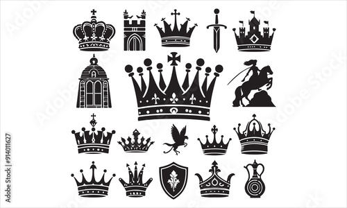 Medieval royal crown queen monarch king lord silhouette icons stock illustration
Crown - Headwear, Vector, Coronation, Logo, Queen Royal Person