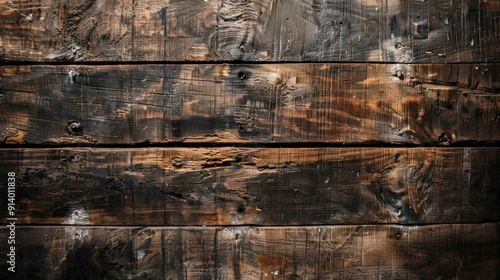 The background texture of weathered brown wooden planks with various patterns and wear marks - nicks and scratches. Evokes a sense of vintage and historical aesthetics, photo