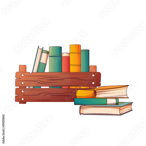 Composition of a wooden box filled with books. Use for interior decoration. Bookstore, book lover, library concept. Vector illustration of stack of books.