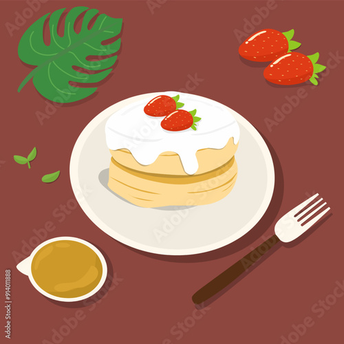 Fluffy Japanese souffle pancakes with whipped cream and strawberry vector illustration 