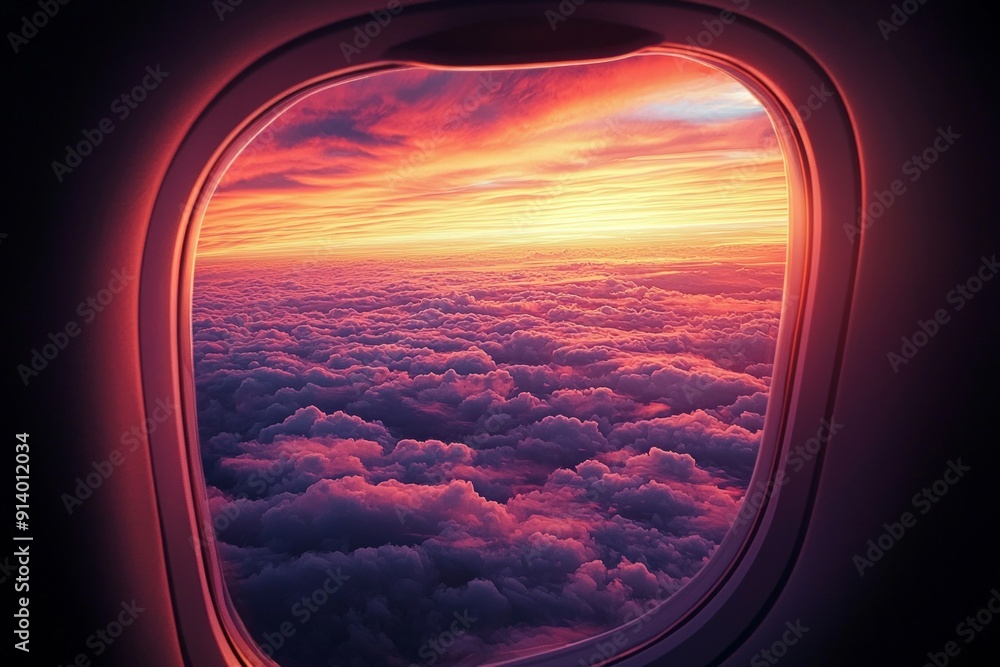 A window on an airplane, looking out at a vibrant sunset above the clouds. A window on an airplane, looking out at a vibrant sunset above the clouds.