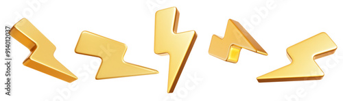 3d set golden charger symbol. Symbol of energy, danger. Minimalistic electrical discharge. Stock vector illustration on isolated background.