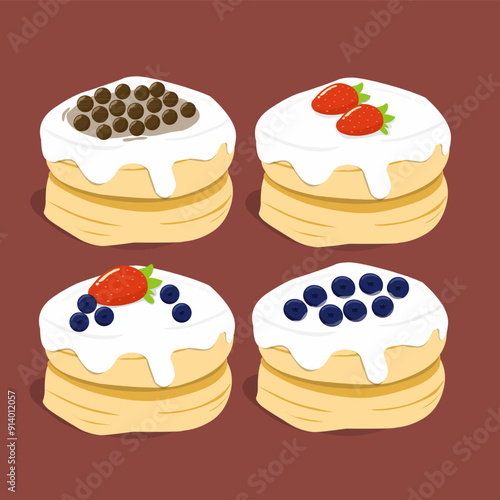 set of vector illustration Fluffy Japanese souffle pancakes with whipped cream 