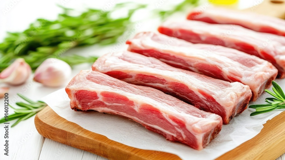 Fresh Cuts of Pork Ribs Prepared on a Wooden Cutting Board Fresh Cuts of Pork Ribs Prepared on a Wooden Cutting Board