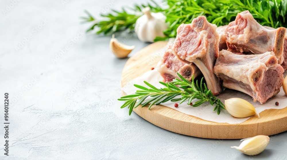 Fresh Cuts of Meat With Garlic and Herbs on Wooden Board Display Fresh Cuts of Meat With Garlic and Herbs on Wooden Board Display